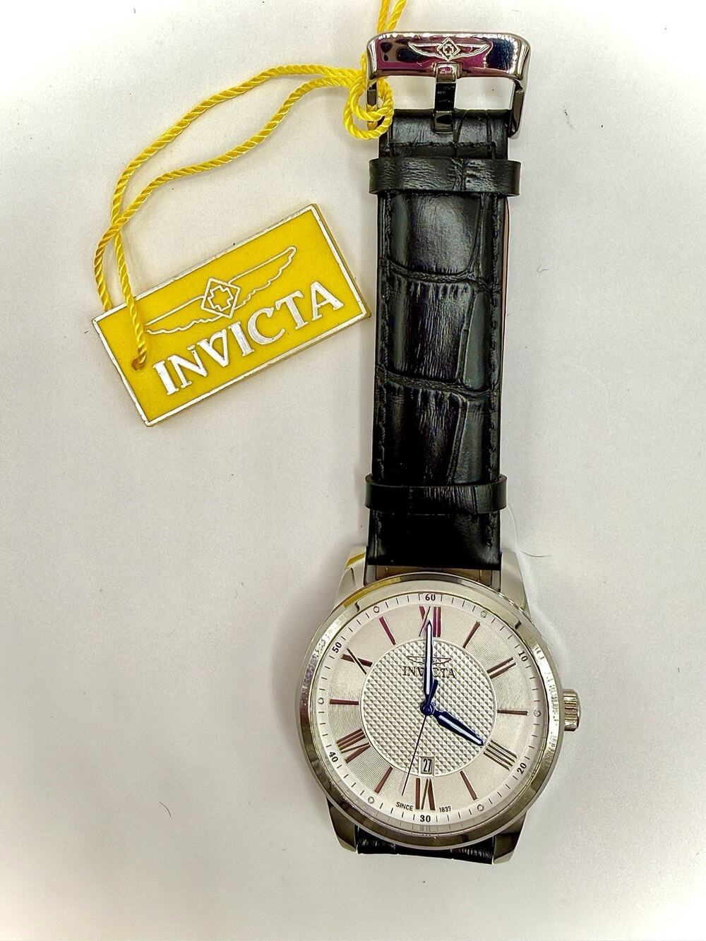 Invicta Men's Quartz Watch Blue Hands Silver Dial Black Leather 41.5mm Date NEW